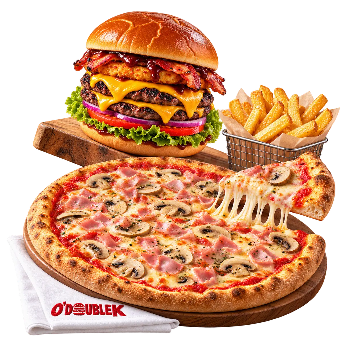 Gold Burger sur une planche en bois, pizza Reine, frites et serviette O'Double K
